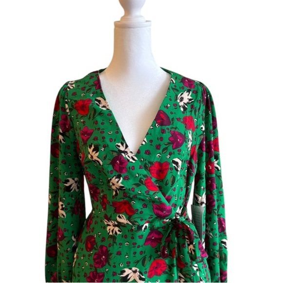 Melloday Green Floral Wrap Midi Dress Small – Long Sleeve Ruffle Hem V-Neck - Picture 2 of 10